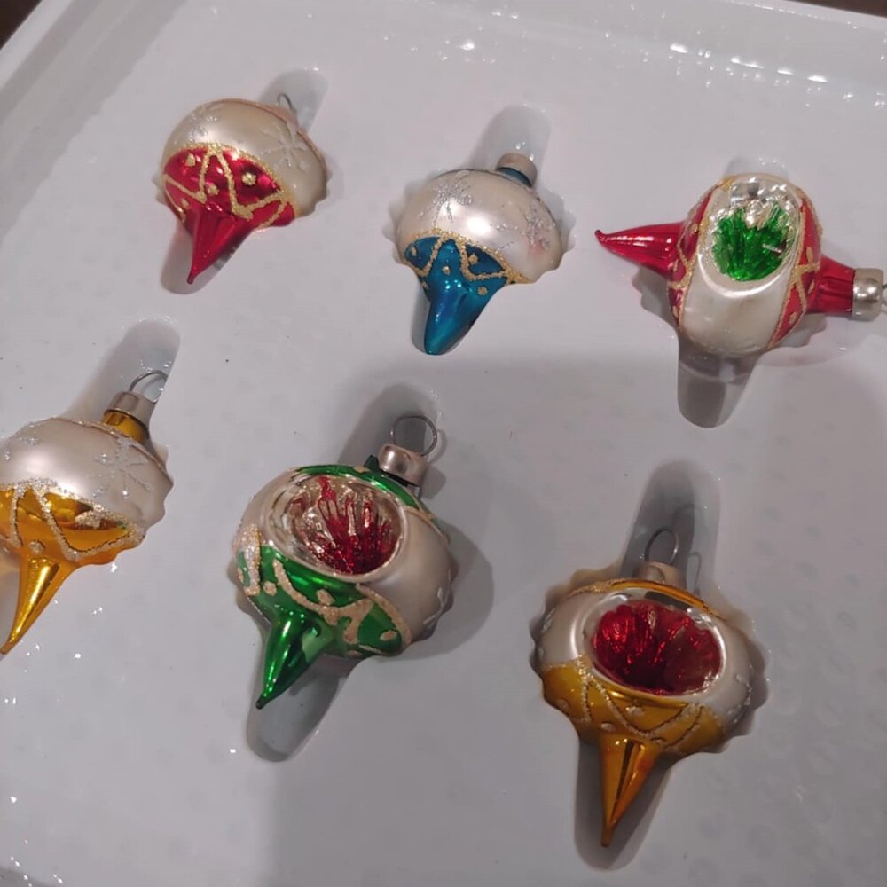 vintage antique Tiny glass Christmas ornaments with indent with original box